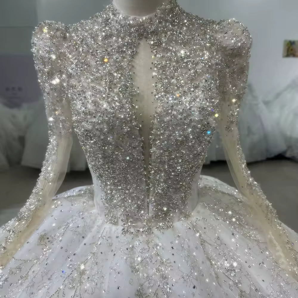 TW160 Wedding Dress High Neck Long Sleeve Lace Up Keyhole Back Wedding Dress Beading Sequins Star Ball Gown Bridal Dress