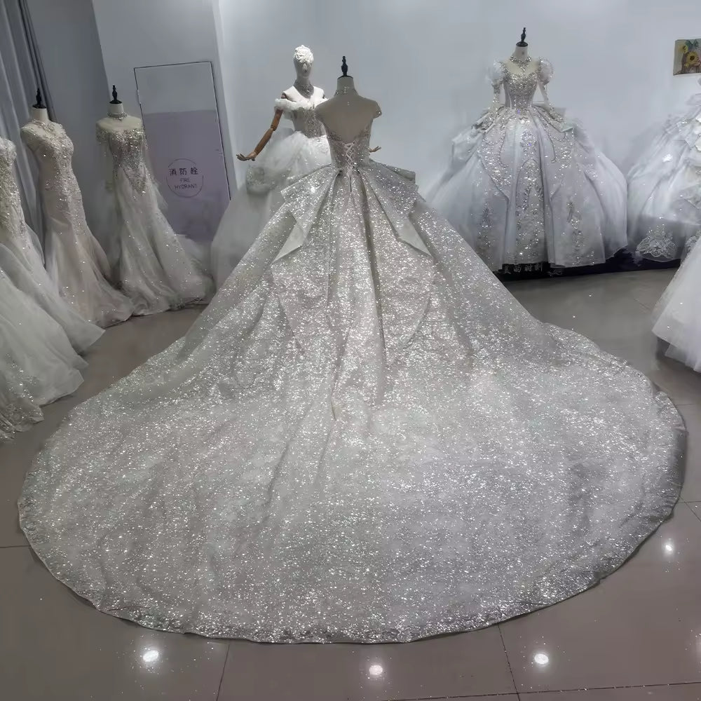 TW161 Vestido Casamento 2025 Cap Sleeve O-Neck Lace Up Back Wedding Dress Beading Sequined Star Crystal Ball Gown Luxury Bridal Dress