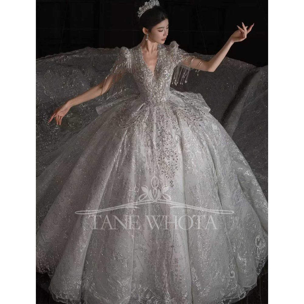 TW658 V-Neck Short Sleeve Crystal Ball Gown Wedding Dress Beaded Sequined Sexy Embroidery Customized