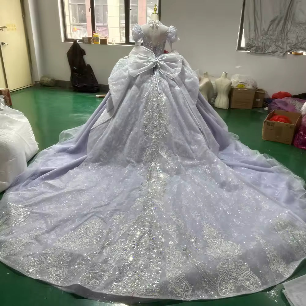 TW153 Luxury Purple Evening Dress Long Sleeve High Neck Lace Up Back Bow Beading Ball Gown Rhinestones Formal Dress