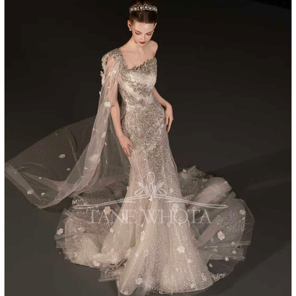 TW740 Sexy One-Shoulder Beaded Crystal Sequined Wedding Dress Customized Fit Sheath Gown For Women