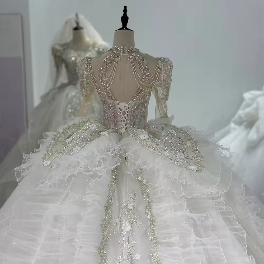 TW178 Vestidos Boda V-Neck Long Sleeve Wedding Dress Lace Up Keyhole Back Beading Crystal Ball Gown Bridal Dress