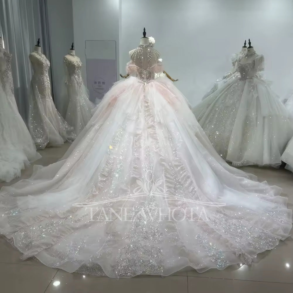 TW021 2025 Halter Wedding Dress Lace Up Back Ball Gown Beading Sequined Crystal Bridal Gown Customized Elegant Bridal Dress