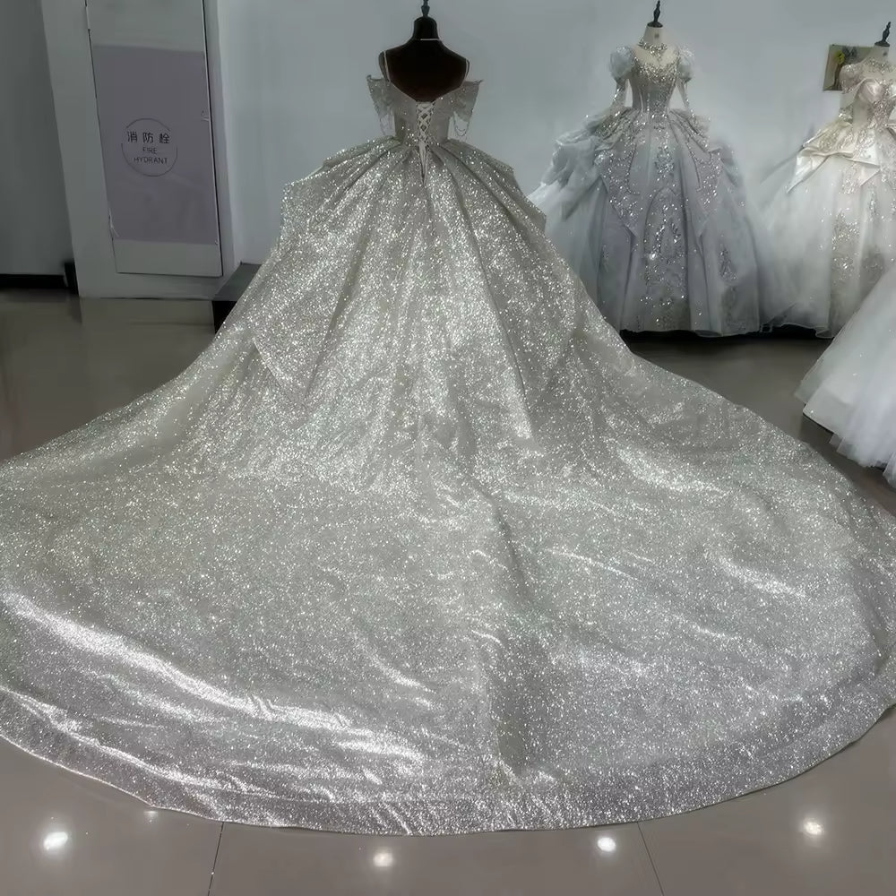 TW164 Shiny Silver Vestidos Para Boda Civil Off the Shoulder Lace Up Back Customized Wedding Dress Beading Glitter Wedding Dresses