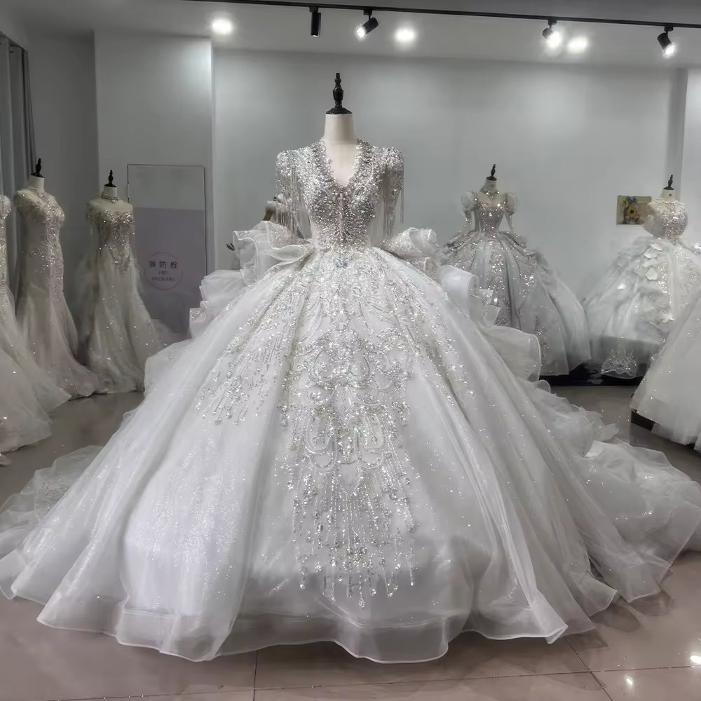 TW159 Vestidos De Noivas Tassel Short Sleeve Scalloped Wedding Dress Lace Up Keyhole Back Beading Embroidery Ball Gown Bridal Dress