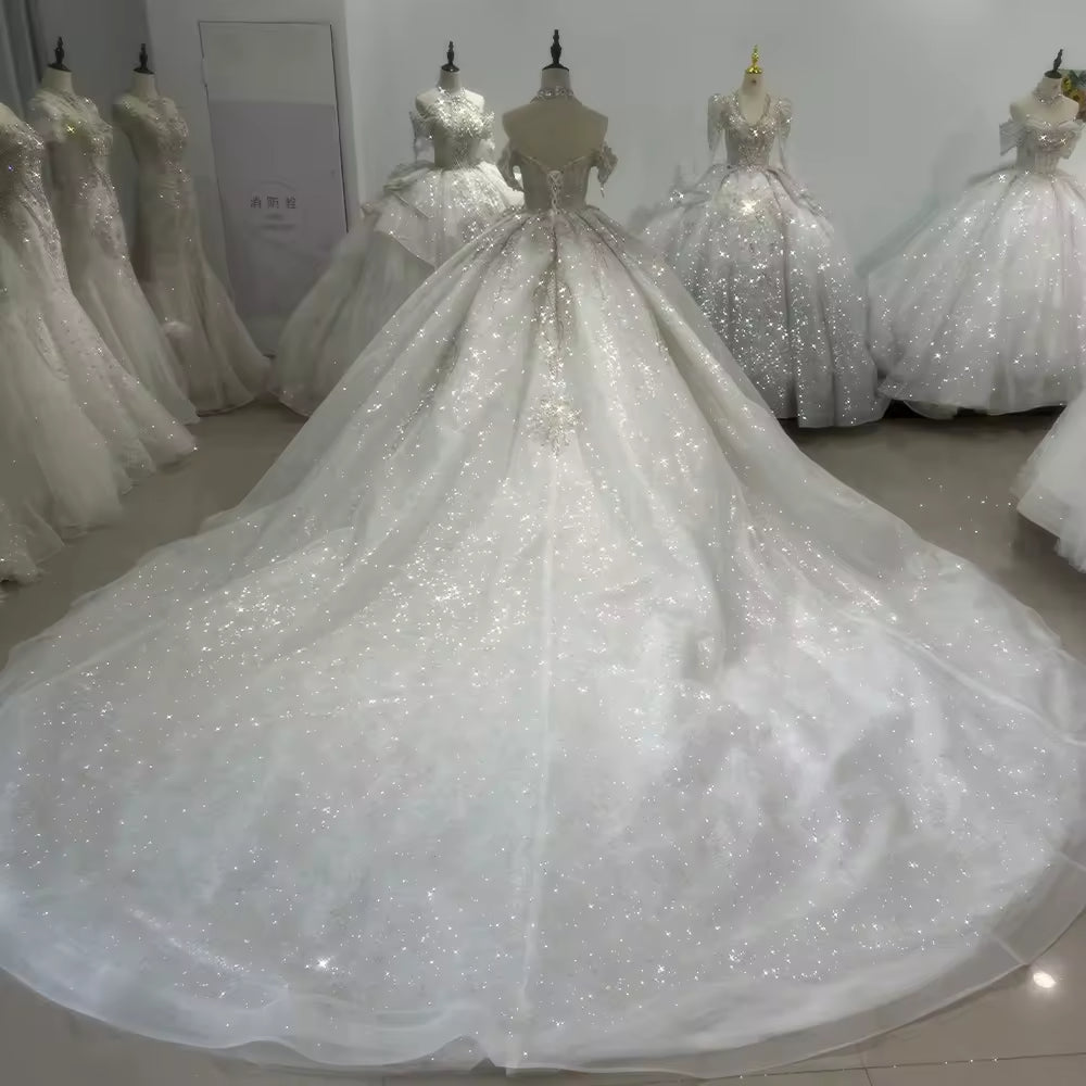 TW136 Civil Wedding Dress Sleeveless Off Shoulder Lace Up Back Wedding Dress Beading Sequined Crystal Ball Gown Bridal Dress