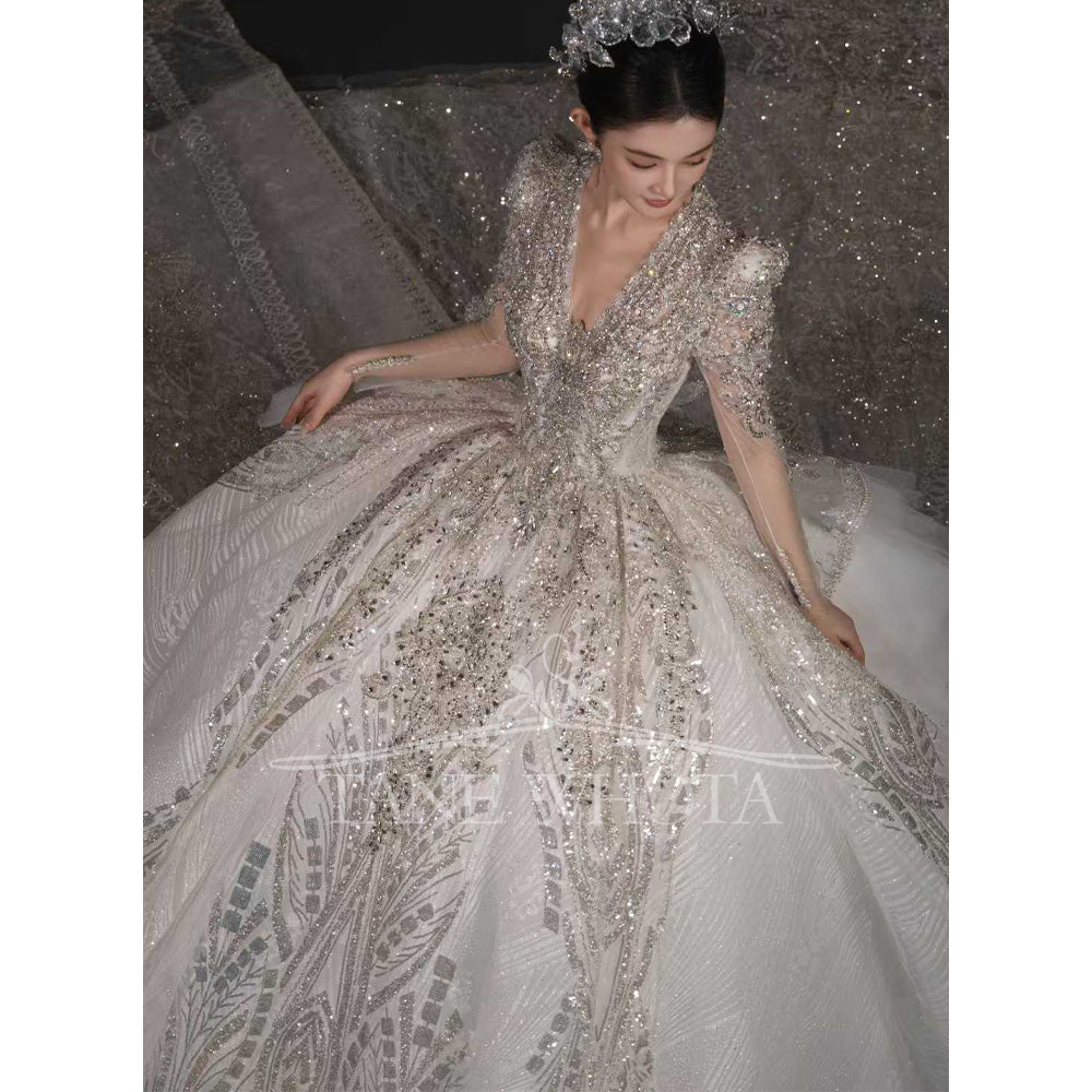 TW666 V-Neck Long Sleeve Wedding Dress Lace Up Keyhole Back Beaded Sequined Ball Gown Customized Elegant Vestidos De Boda