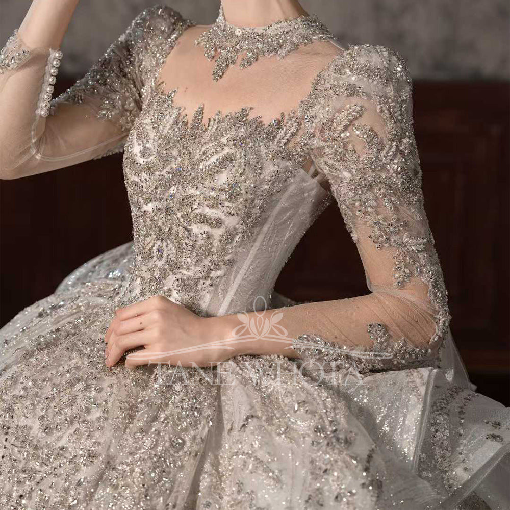 TW546 Women's Luxury Wedding Dress With High Long Sleeves Sequined Beading Ball Gown Customized Bridal Gown For Special Occasions