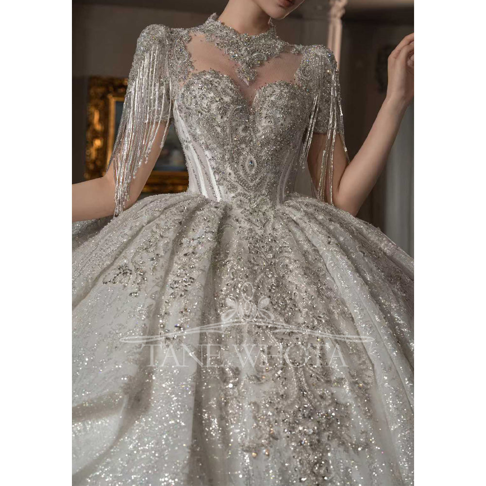 TW659 Civil Wedding Dress O-Neck Short Sleeve Lace Up Keyhole Back Beaded Sequined Crystal Customized Luxury Bridal Gown