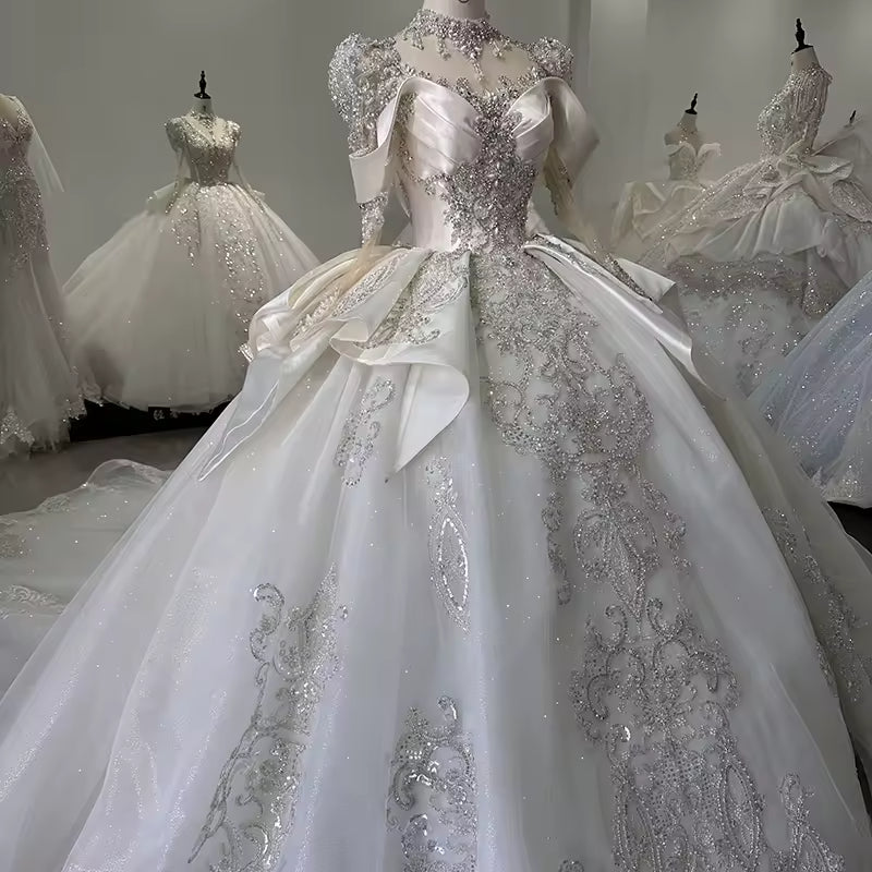TW141 Long Sleeve Sweetheart Lace Up Back Wedding Dress Bow Beading Sequined Star Crystal Ball Gown Bridal Dress