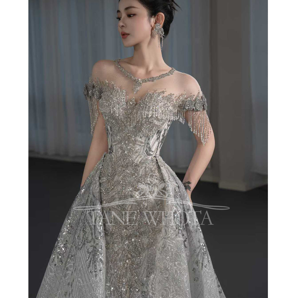 TW670 Luxury O-Neck Short Sleeve Wedding Dress With Lace Up Keyhole Back Embroidery Beading Sequined Tassel Sheath Customized