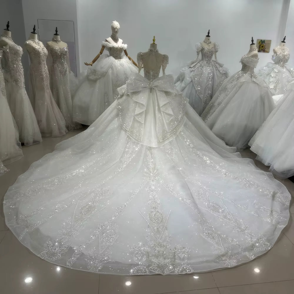 TW132 Long Sleeve Wedding Gown High Lace Up Keyhole Back Wedding Dress Embroidery Bow Beading Sequined Crystal Ball Gown Bridal Dress