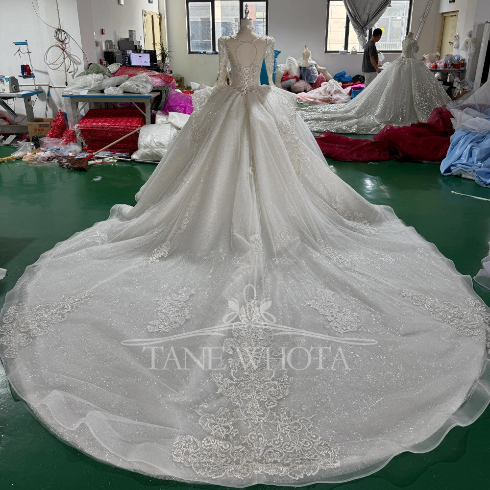 TW418 Vestido De Noiva Long Sleeve Ball Gown Lace up Trend Luxury Crystal Lace Wedding Dress for Brides