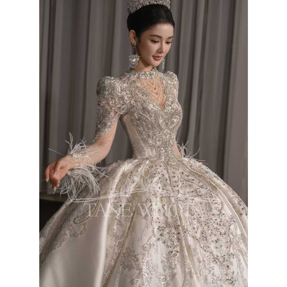 TW663 Luxury O-Neck Long Sleeve Beaded Sequined Ball Gown Wedding Dress Customized Vestido Noiva Casamento