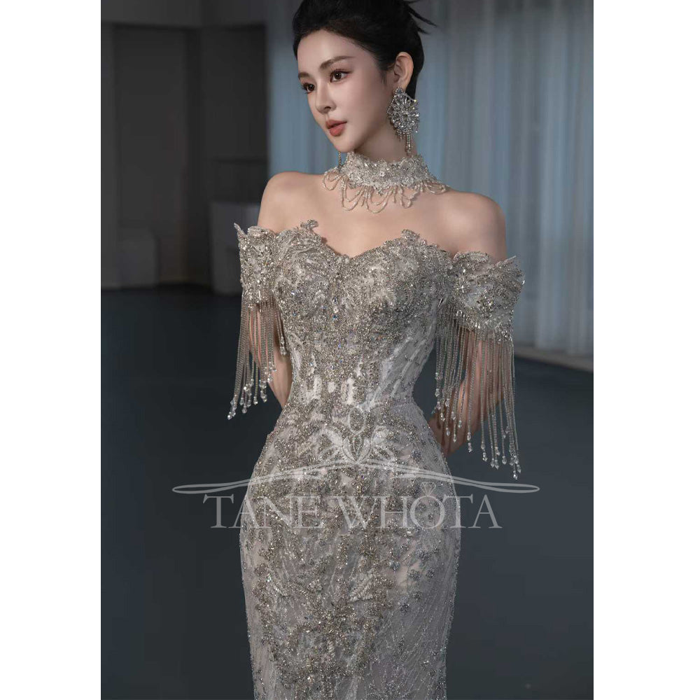 TW669 Customizable Sweetheart Off-Shoulder Wedding Dress Beading Crystal Sequined Tassel Sheath Style Boda Vestido De Novia
