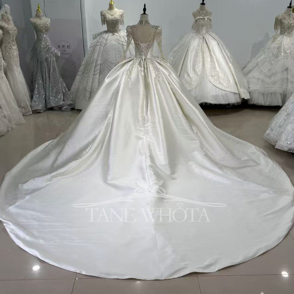 TW617 High Long Sleeve Crystal Sequined Wedding Dress With Lace-Up Keyhole Back Customized Ball Gown For Brides