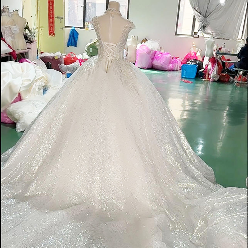 TW019 Robe De Mariee Wedding Ball Gown Dress Cap Sleeve O-Neck Lace Up Back Customized Wedding Dress