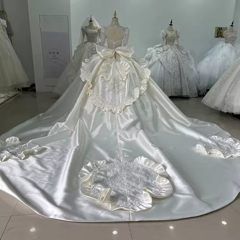 TW177 Vestido Casamento Noiva Civil Ball Gown Square Collar Long Sleeve Lace Up Back Beading Crystal Bow Customized Wedding Dress