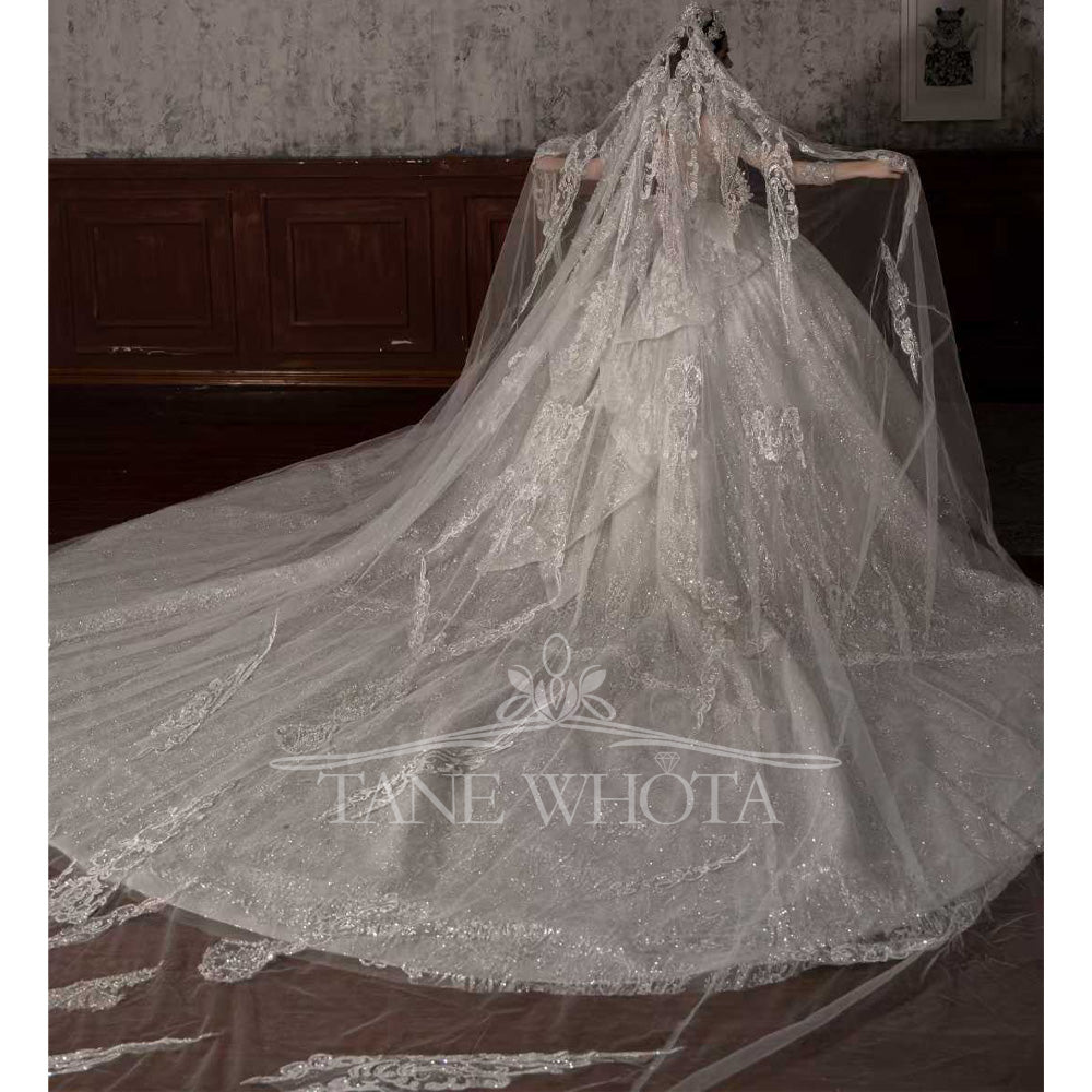TW545 Luxury High Long Sleeve Lace Wedding Dress Beading Sequined Brides Customizable