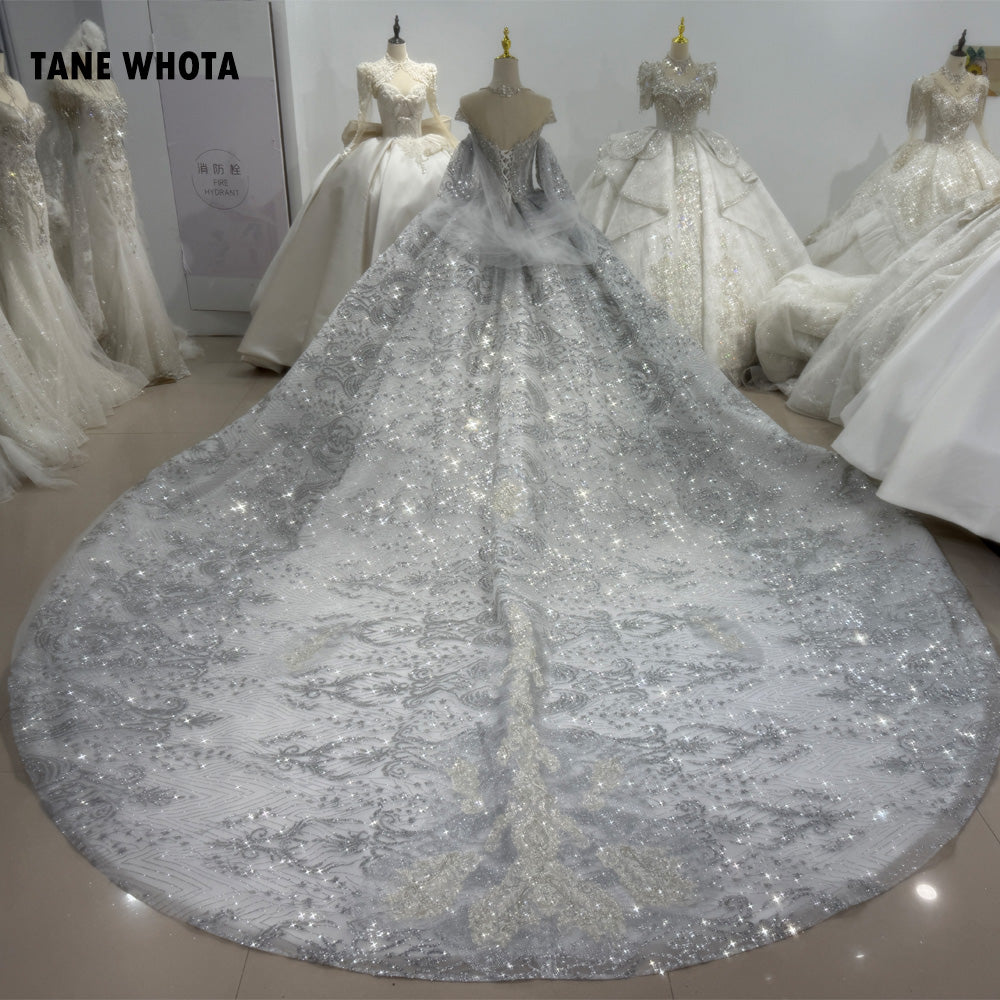 TW224 Noiva Vestido De Casamento 2025 Cap Sleeve O-Neck Wedding Dress Lace Up Keyhole Back Beading Embroidery Silver Bridal Dress