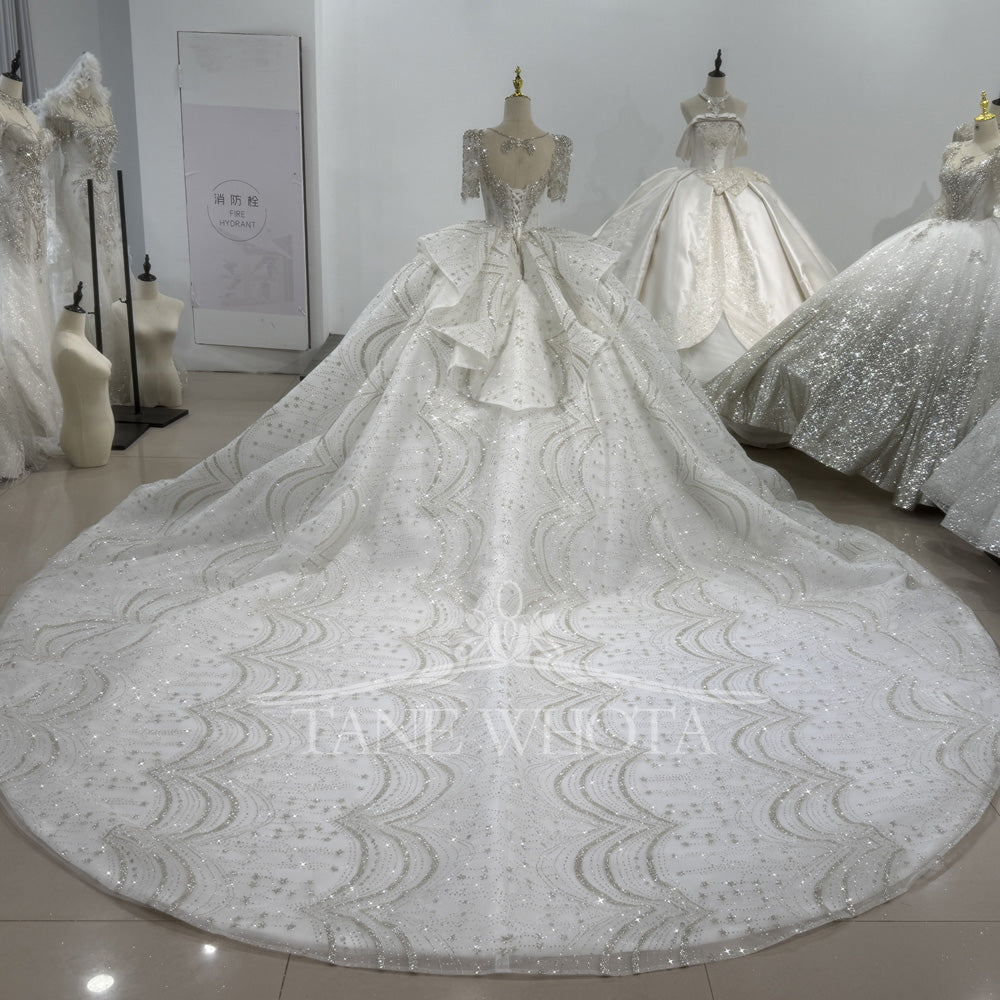 TW401 Luxury Long Wedding Dress O-Neck Half Sleeve Lace up Back Sequined Crystal Classic Bridal Customized Gown for Brides