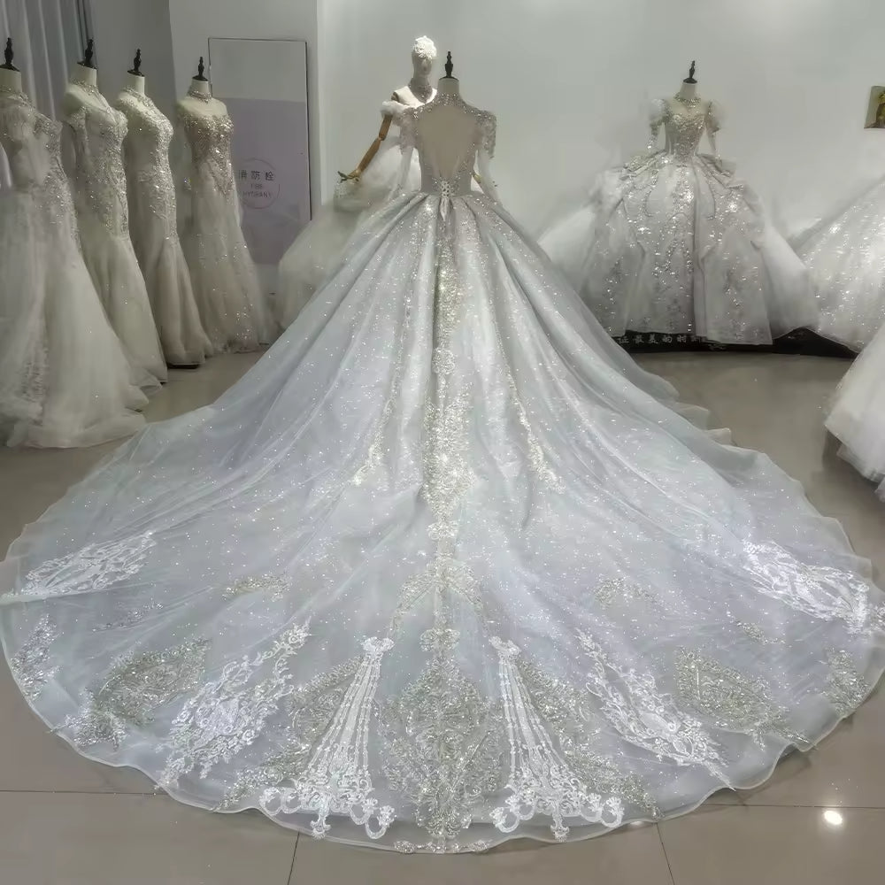TW155 Blue Wedding Gowns For Brides Long Sleeve High Neck Keyhole Back Wedding Dress Beading Rhinestones Ball Gown Bridal Dress