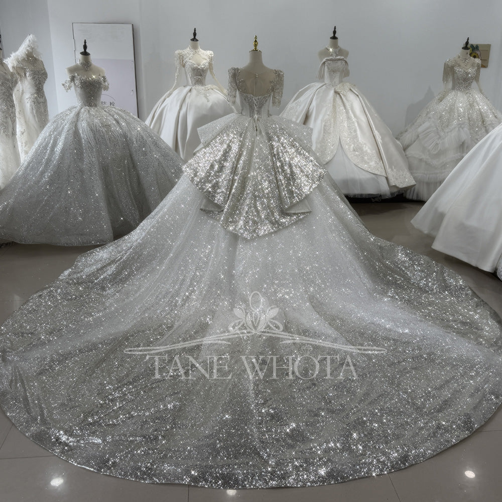 TW333 Bridal Wedding Dress O-Neck Half Sleeve Lace Up Back Ball Gown Weeding Dress Sequined Beading Crystal Luxury Bridal Dress