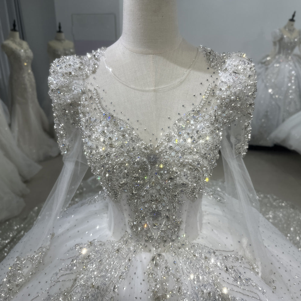 TW089 Silver Wedding Dress Luxo Long Sleeve O-Neck Lace Up Back Beading Sequins Star Crystal Ball Gown Bridal Dress