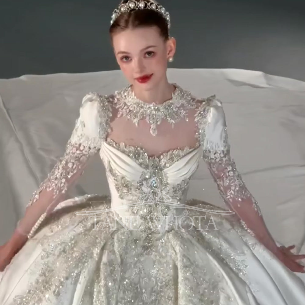 TW734 O-Neck Long Sleeve Wedding Dress Embroidery Beading Crystal Ball Gown Sexy Bridal Customized Dress