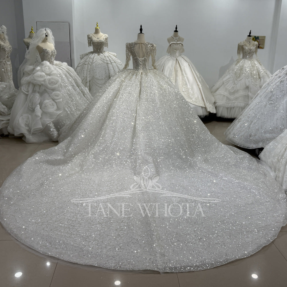 TW628 Vestidos Boda High Long Sleeve Crystal Sequined Wedding Dress Lace-Up Keyhole Back Customized Ball Gown For Brides