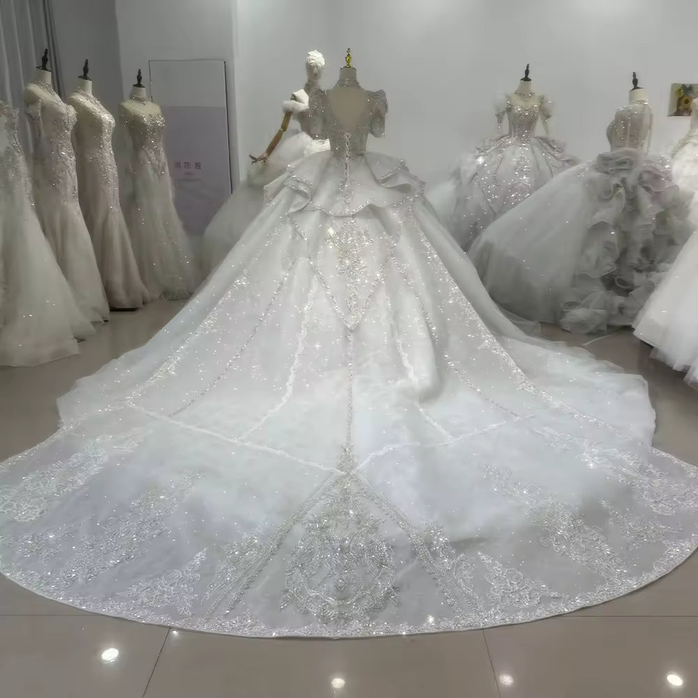TW157 Vestido De Noiva Casamento Civil Scalloped Half Sleeve Wedding Dress Lace Up Back Beading Embroidery Ball Gown Bridal Dress