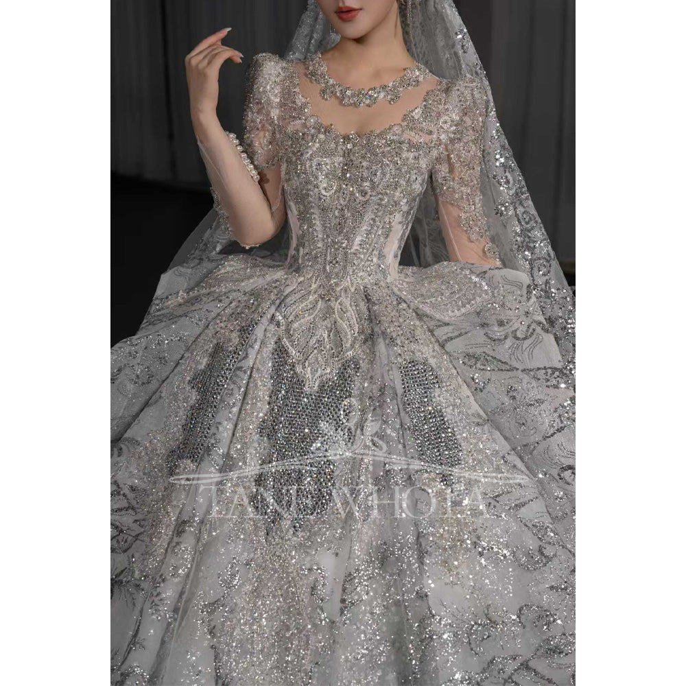 TW667 Sexy O-Neck Long Sleeve Wedding Dress Beaded Sequined Crystal Customized Robe De Mariée