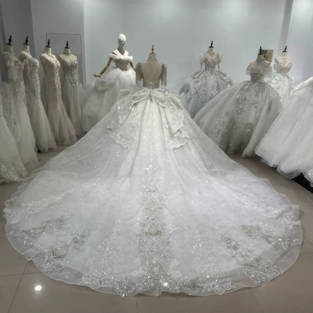 TW188 Robe Mariee Wedding Dress Lace Up Keyhole Back Beading Crystal Short Tassel Sleeves Ball Gown Bridal Dress