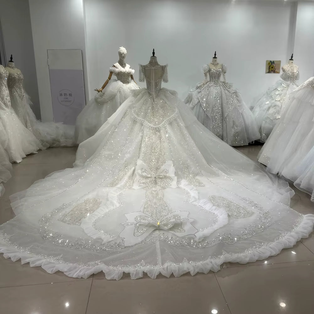 TW162 Robe Mariage 2025 Half Sleeve Sweetheart Lace Up Back Wedding Dress Bow Beading Sequined Star Crystal Ball Gown Bridal Dress