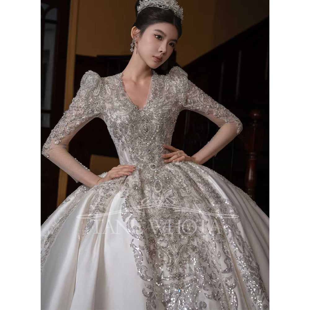 TW655 Luxury Brautkleider 2026 V-Neck Long Sleeve Beaded Sequined Ball Gown Wedding Dress Customized Ceremony Robe For Mariée