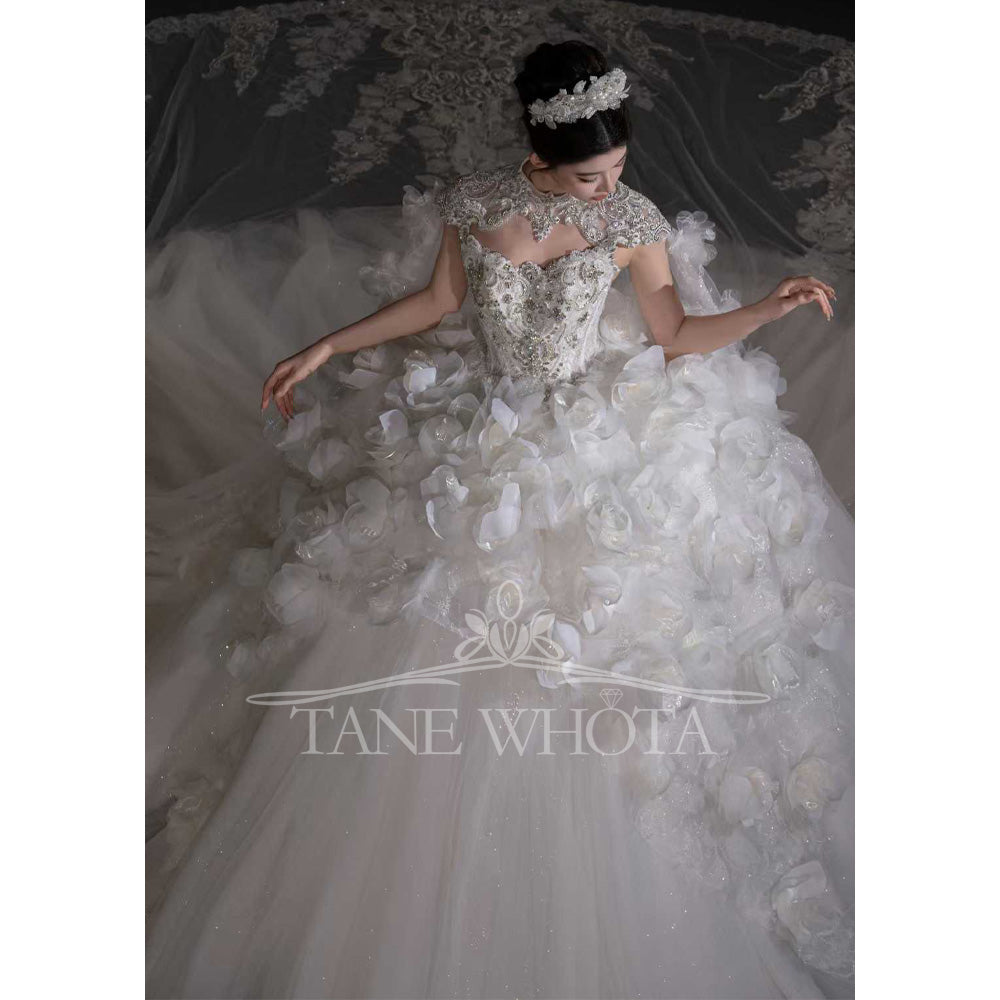 TW679 Luxury High Cap Sleeve Sequined 3D Flower Embroidery Wedding Dress Sexy Customized Vestidos De Novia 2026