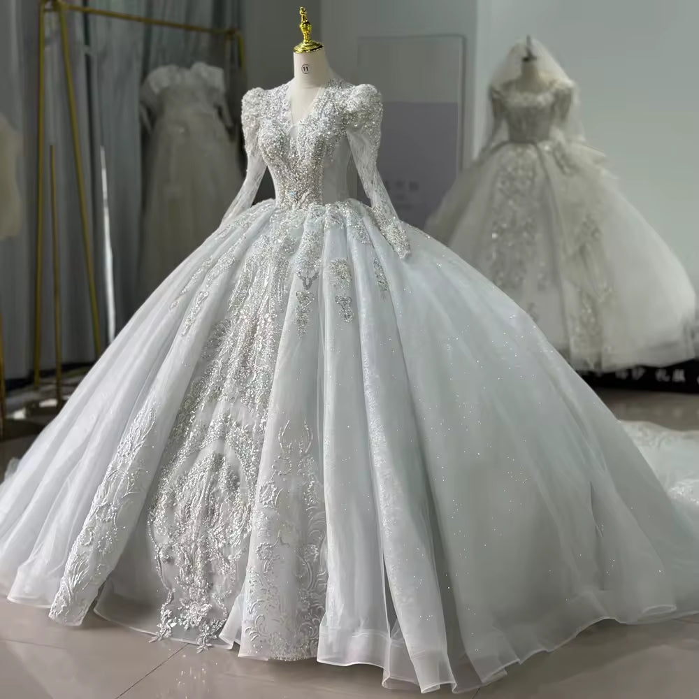 TW176 Vestido Para Boda Civil Ball Gown Wedding Dress V-Neck Long Sleeve Lace Up Back Beading Sequined Elegant Wedding Dress