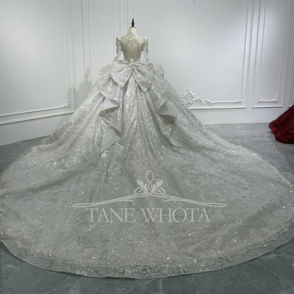 TW713 Luxury Crystal Sequined Bridal Wedding Dress With High Long Sleeves Lace-Up Keyhole Back Bow Detail Customized Ball Gown
