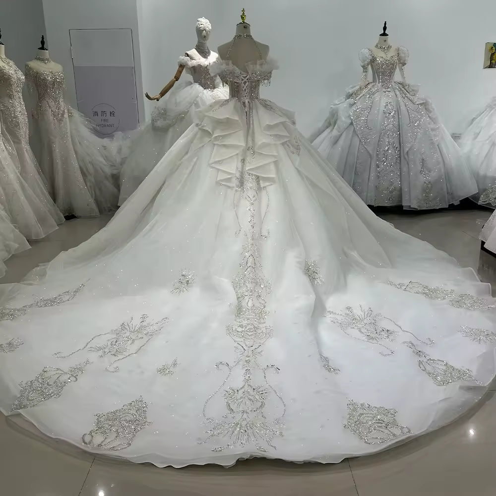 TW134 Vestido Novia 2025 Wedding Ball Gown Dress Halter Lace Up Back Beading Crystal Pearls Wedding Dress