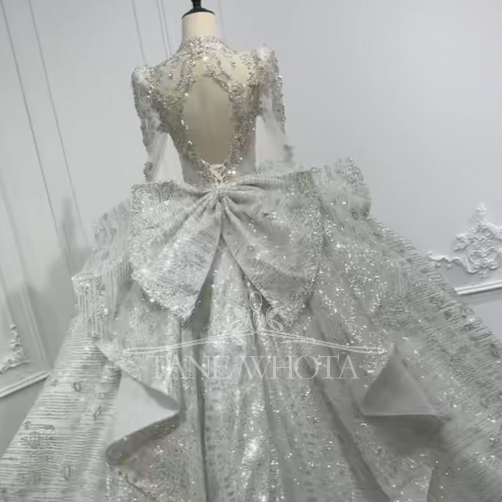 TW713 Luxury Crystal Sequined Bridal Wedding Dress With High Long Sleeves Lace-Up Keyhole Back Bow Detail Customized Ball Gown