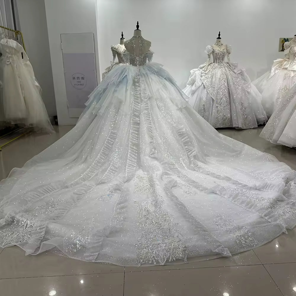 TW175 Vestido De Bodas Novia Blue Ball Gown Beading Sequined Wedding Dress Halter Off Shoulder Lace Up Back Wedding Dress