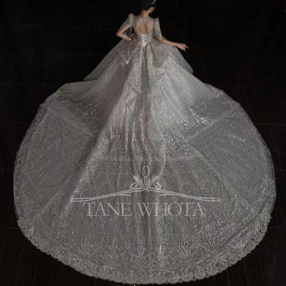 TW658 V-Neck Short Sleeve Crystal Ball Gown Wedding Dress Beaded Sequined Sexy Embroidery Customized