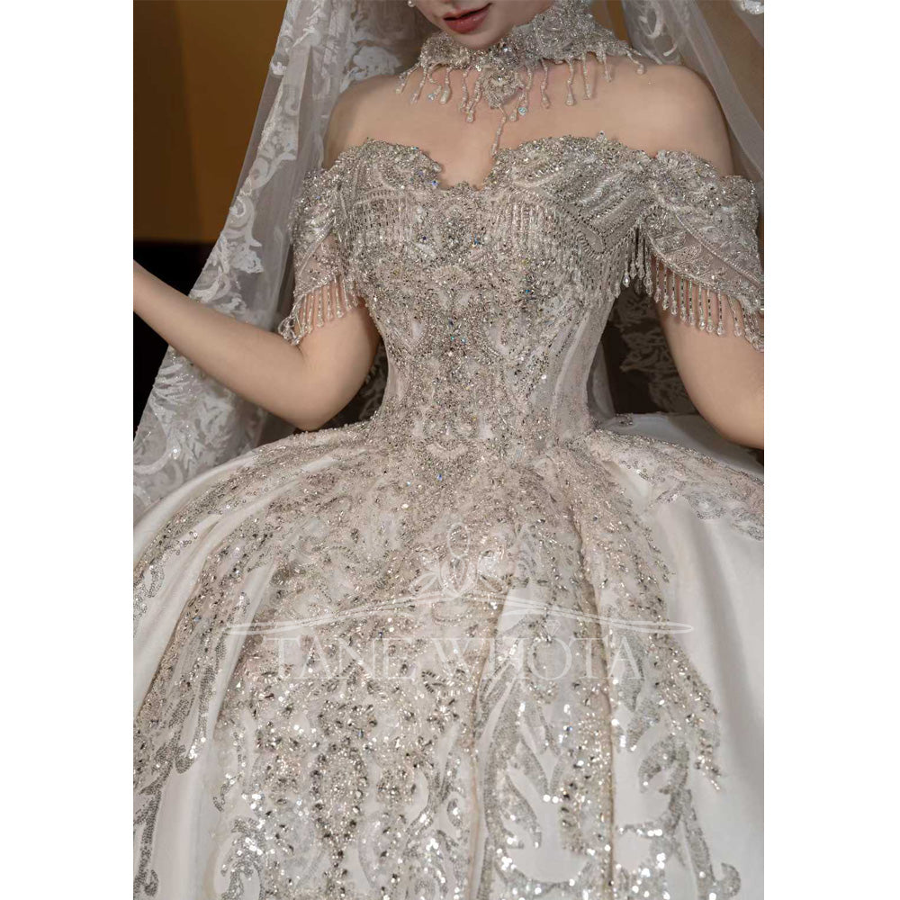 TW671 Customized Sweetheart Off-Shoulder Beaded Sequined Ball Gown Wedding Dress Elegant Floor-Length Bridal Gown