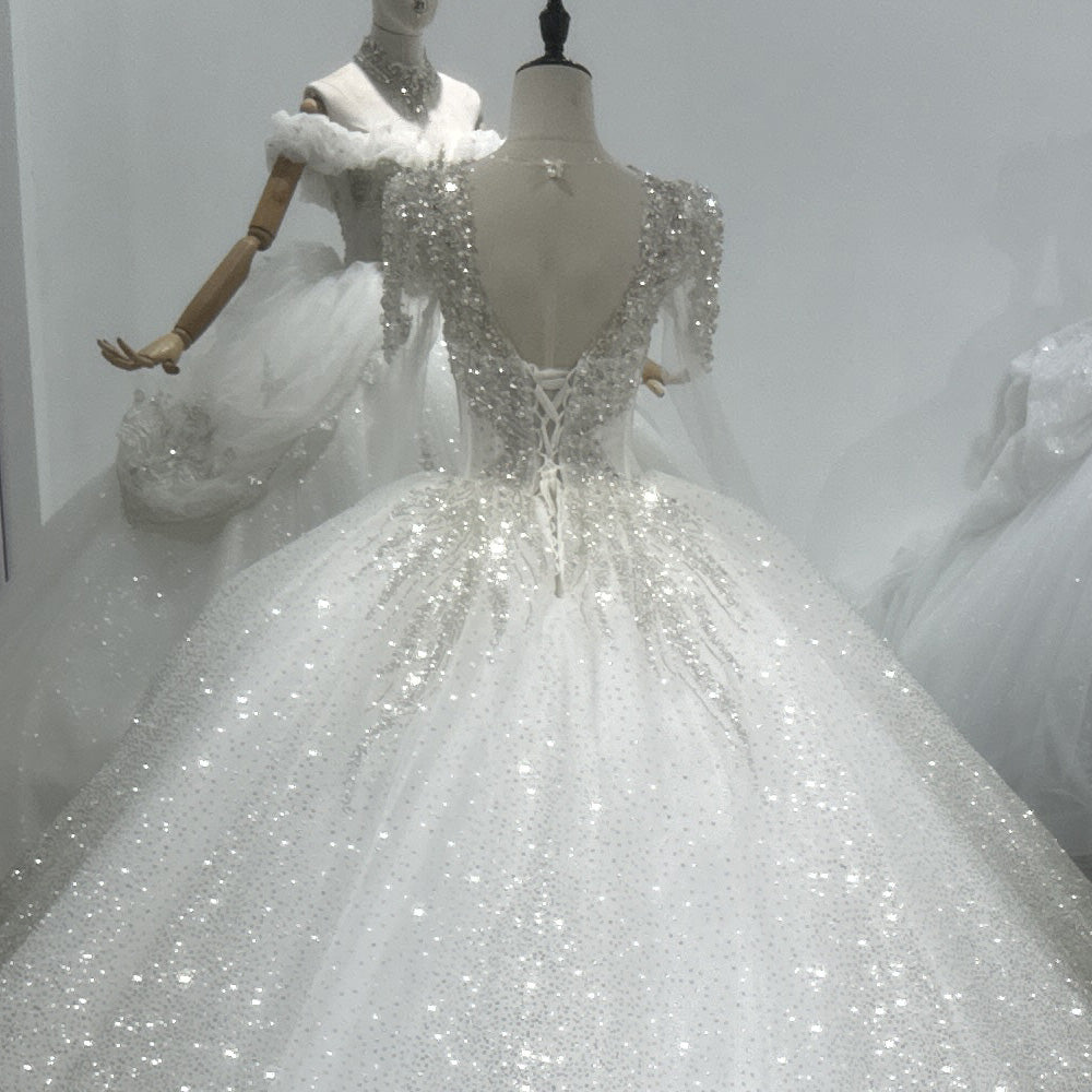 TW089 Silver Wedding Dress Luxo Long Sleeve O-Neck Lace Up Back Beading Sequins Star Crystal Ball Gown Bridal Dress