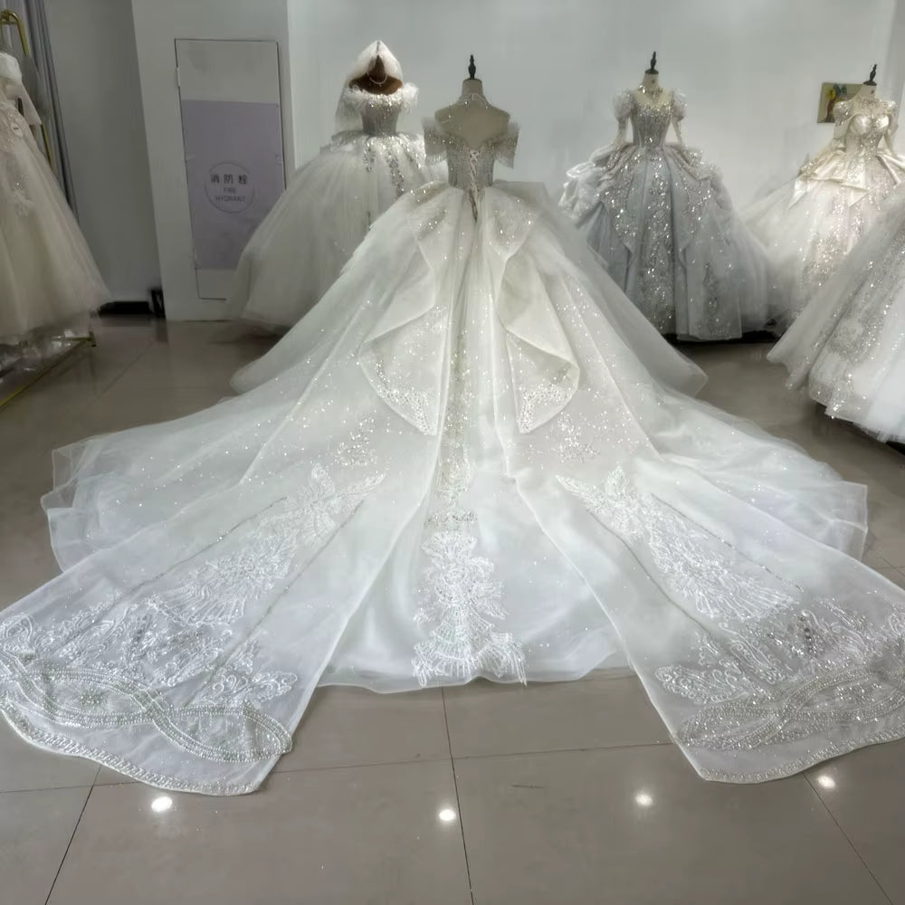 TW173 Vestidos Novias Boda Sweetheart Off Shoulder Lace Up Back Wedding Dress Beading Sequins Ball Gown Bridal Dress For Brides