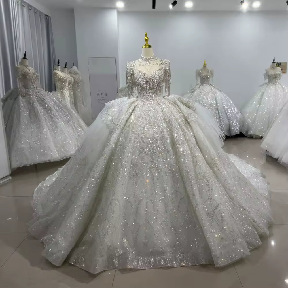TW109 düğün elbisesi Short Sleeve O-Neck Wedding Dress Lace Up Back Beading Crystal Embroidery Sequined Ball Gown Bridal Dress