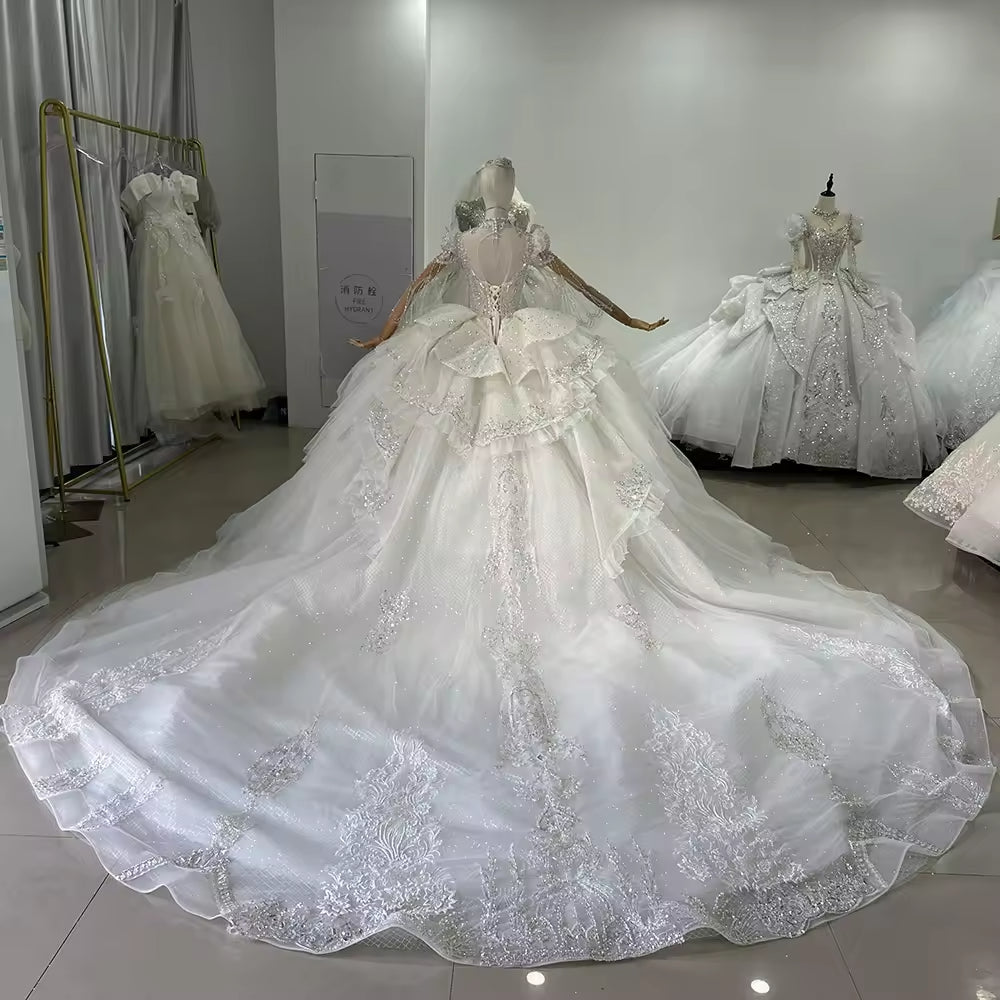 TW140 Vestido Novia Civil High Flare Sleeve Wedding Dress Lace Up Keyhole Back Beading Crystal Ball Gown Bridal Dress