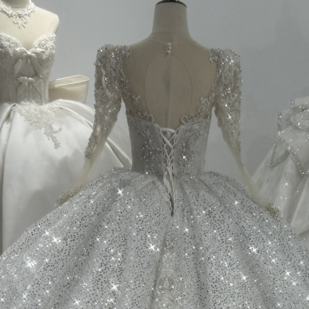TW127 Vestidos De Noiva Casamento Long Sleeve O-Neck Keyhole Back Wedding Dress Beading Sequins Crystal Ball Gown Siver Bridal Dress