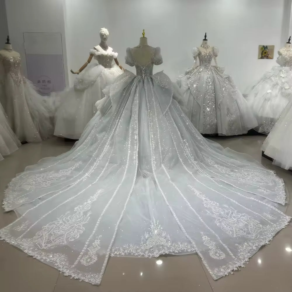 TW187 White Dress Bridal V-Neck Long Or Half Sleeve Wedding Dress Lace Up Back Beading Crystal Embroidery Ball Gown Bridal Dress