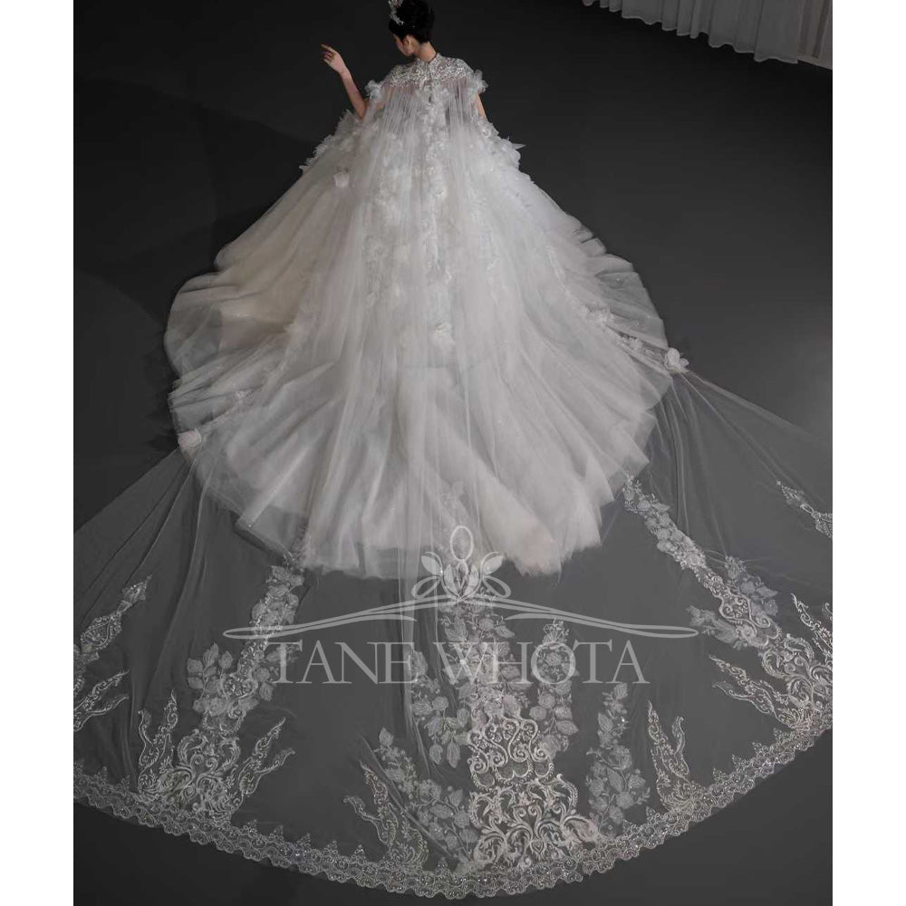 TW679 Luxury High Cap Sleeve Sequined 3D Flower Embroidery Wedding Dress Sexy Customized Vestidos De Novia 2026